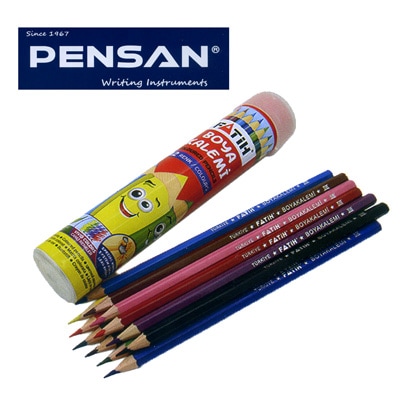 トルコの筆記具メーカー「PENSAN」☆ 鉛筆のキャラクターが描かれたユニークな丸型パッケージ チューブ色鉛筆12色