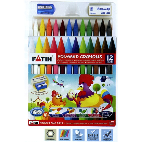 トルコの筆記具メーカー「PENSAN」☆ ポップなパッケージにポリマー素材を使用した折れにくく、消しゴムで消すことができる 六角軸ポリマークレヨン12色