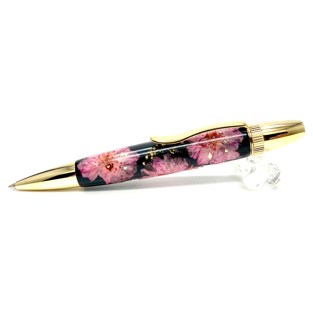 Flower Pen 八重桜 黒 押し花を加工した花柄の軸 高級 ボールペン 手作り 日本製 母の日 プレゼント オンリーワン 装飾