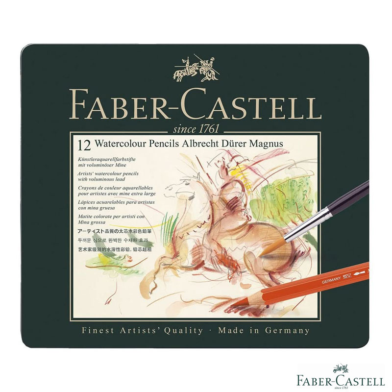 ファーバーカステル アルブレヒト・デューラー マグナス 水彩色鉛筆 12色 缶入り 筆つき 六角 5.3mm径芯 ジャンボサイズ 名入れ グラフィックアート プロ 高品質 プレゼント 大人のぬりえ 色鉛筆画