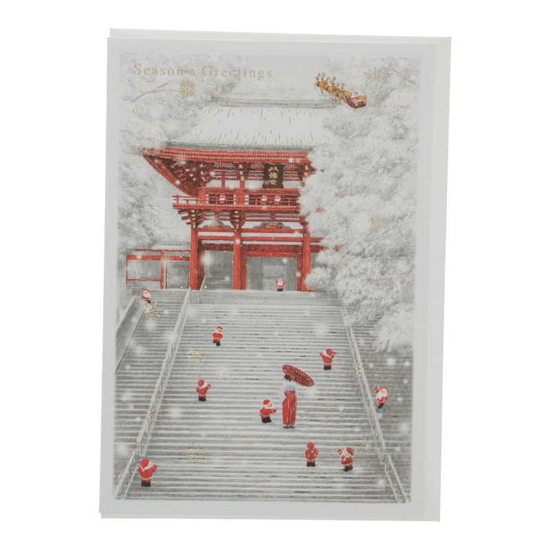 グリーティングライフ 和風ミニサンタカード 雪の神社 カワイイ、キレイなクリスマスカード プレゼント メッセージカード