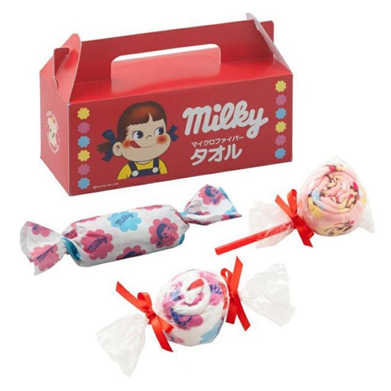 ミルキー ウォッシュタオル 3枚入り ケース入り ペコちゃん マイクロファイバーやわらかタオル キャンディ包み 不二家 タオル ギフト プレゼント オシャレ かわいい 内祝い 記念品 卒園 入園 お返し 出産 結婚 お祝い 新生活 新入学