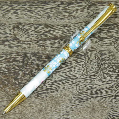 美濃和紙ボールペン うさぎ市松・水色 油性 和柄 伝統工芸品