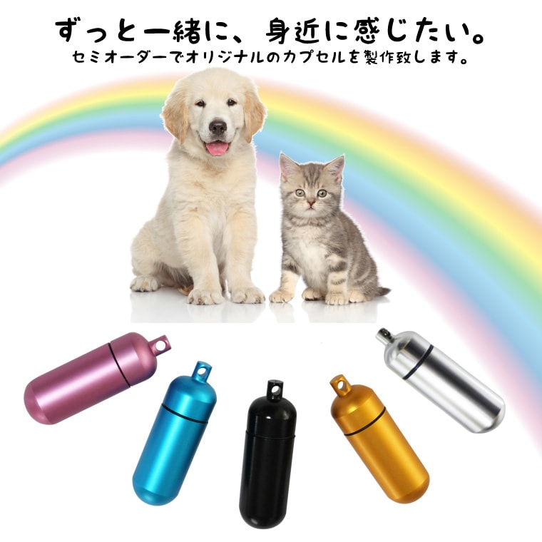 遺骨カプセル キーホルダー 刻印入 3行 (中) お守り袋＋ホルダーフック付き 名入れ イラスト ペット仏具 生活防水 カプセル ネックレス 犬 猫 ペット カロート カプセル メモリアル ペンダント