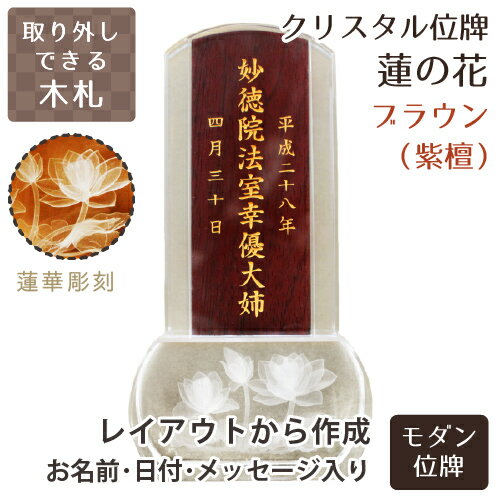 【 故人様 】 クリスタル位牌 スクエア型 「 蓮の花 」 クリア 木札 紫檀 ブラウン 【 位牌 金文字 】   蓮 蓮華 睡蓮 花 木札 黒 ブラック 仏具 遺影 デザイン モダン 手元供養 名入