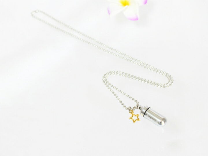 【 遺骨ペンダント 】 メモリアルペンダント (小) マリン ( 錨 いかり ) シルエット スターチャームつき お守り袋+ホルダーフック付き <br> 遺骨カプセル 遺骨入れ 遺骨 分骨 ミニ骨壷 骨壺 仏具 手元供養 イカリ 夏
