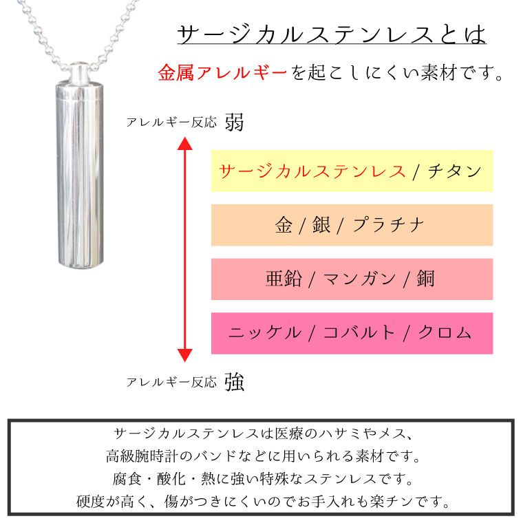 遺骨ペンダント サージカルステンレス 筒型 サイズS ロケットペンダント メモリアルペンダント ボールチェーン ネックレス