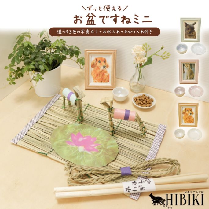お盆飾り 初盆 新盆 仏具セット 精霊馬 真菰 麻がら フォトフレーム付き 水入れ 供物皿 ミニ お盆用品 手元供養