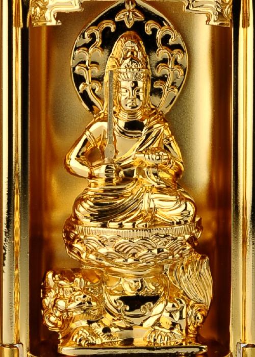 仏像】文殊菩薩 - 厨子入り 純金メッキ仕上げ 総高9.7cm 高岡銅器
