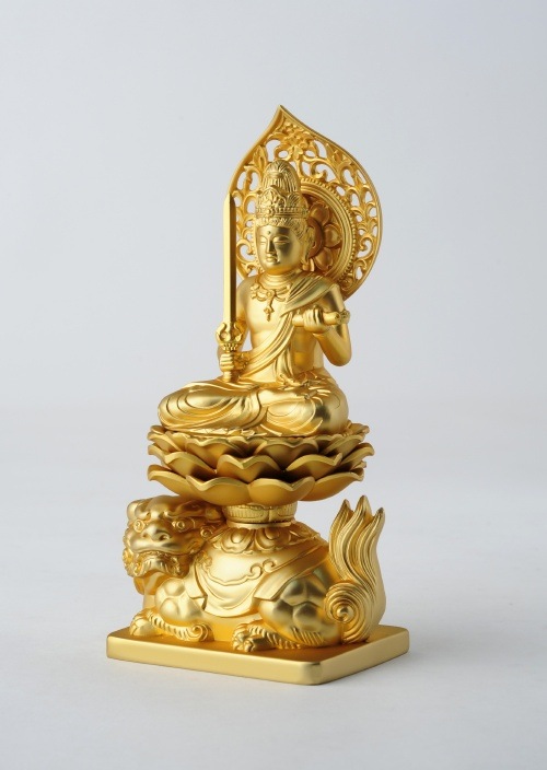 仏像】文殊菩薩 - 合金製 純金メッキ仕上げ 総高15cm 高岡銅器 | 日本