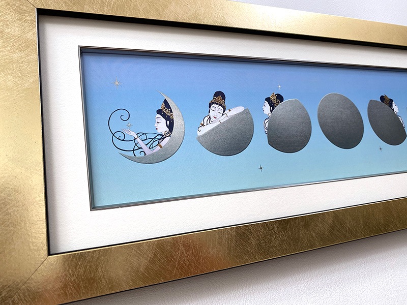 仏像】月夜の観音 シルバームーン/朝空 箔アート版画 木綿花作 | 箔