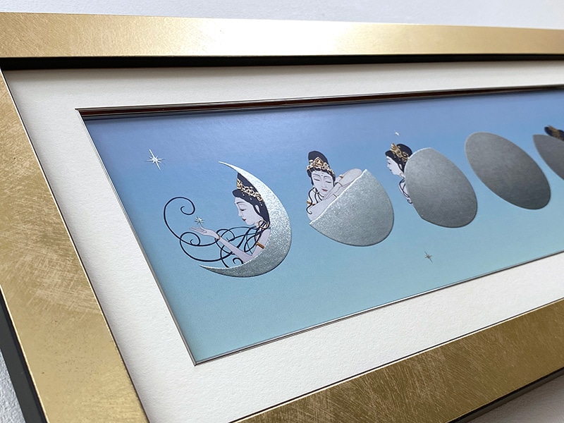 仏像】月夜の観音 シルバームーン/朝空 箔アート版画 木綿花作 | 箔