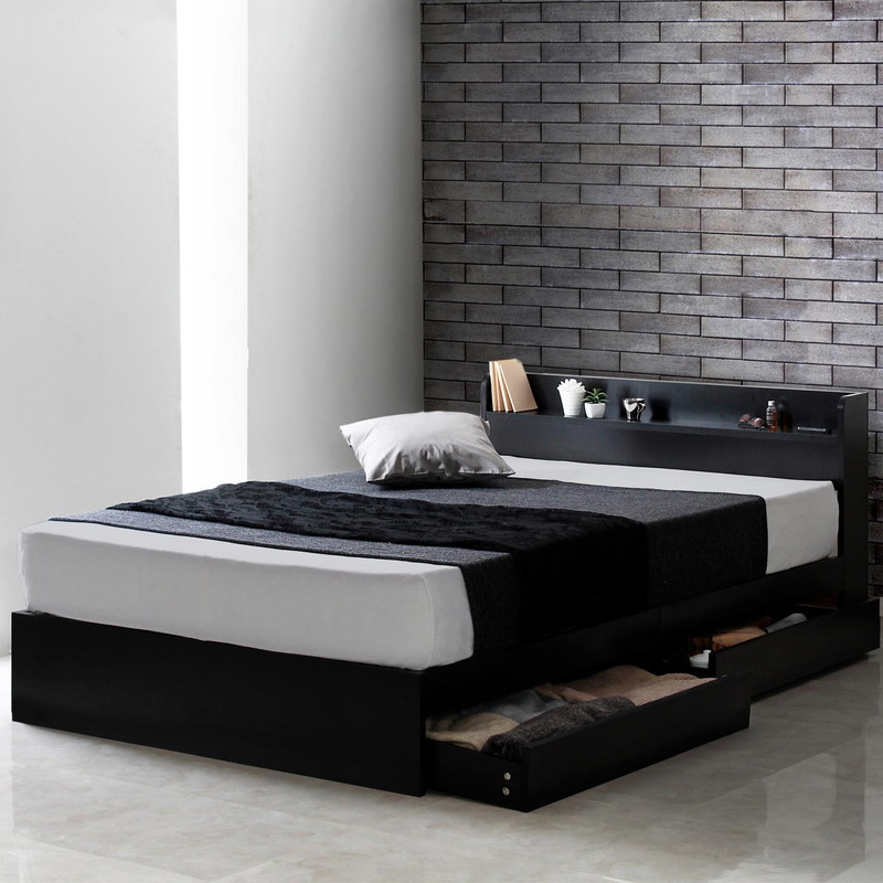 セミダブル】ヘッドボード付き 引出し収納ベッド/ラテ【Latte