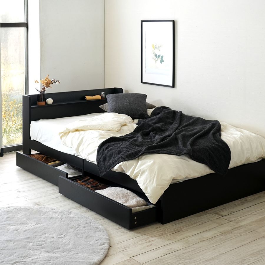 ワイドセミダブル/130cm】ヘッドボード付き 引出し収納ベッド/Latte