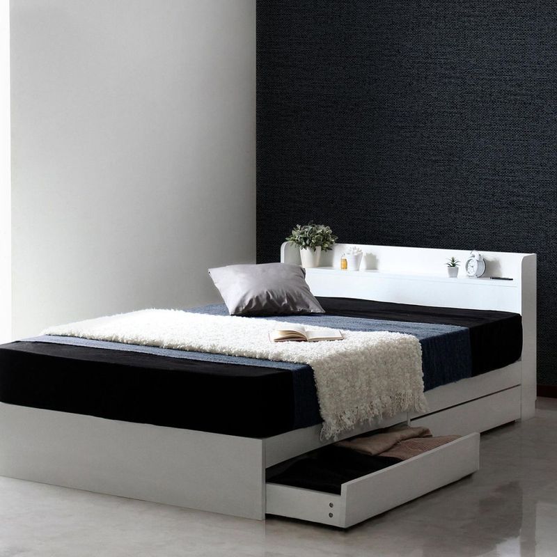 【クイーン】 ヘッドボード付き 引出し収納ベッド/ラテ【Latte】3Dメッシュマットレスセット(ブラックハードタイプ）