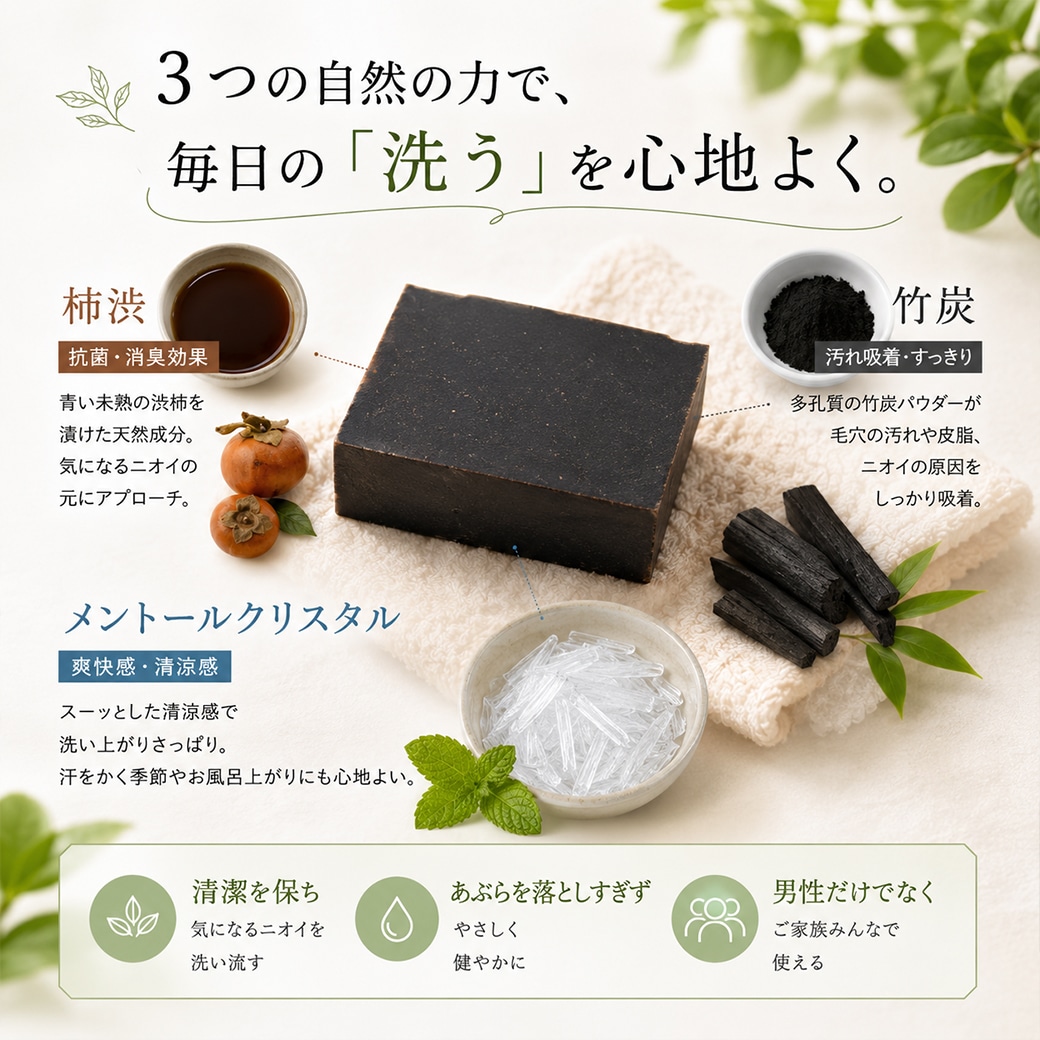 カフェ・ド・サボン 天然手作り石けん よくばりスミシブ石けん ハーフサイズ【手作り石けん 手作り石鹸 柿渋石鹸 竹炭石鹸 メントール ノンケミカル 無添加 コールドプロセス 防臭 涼活 クール】【ポストお届け可／25】