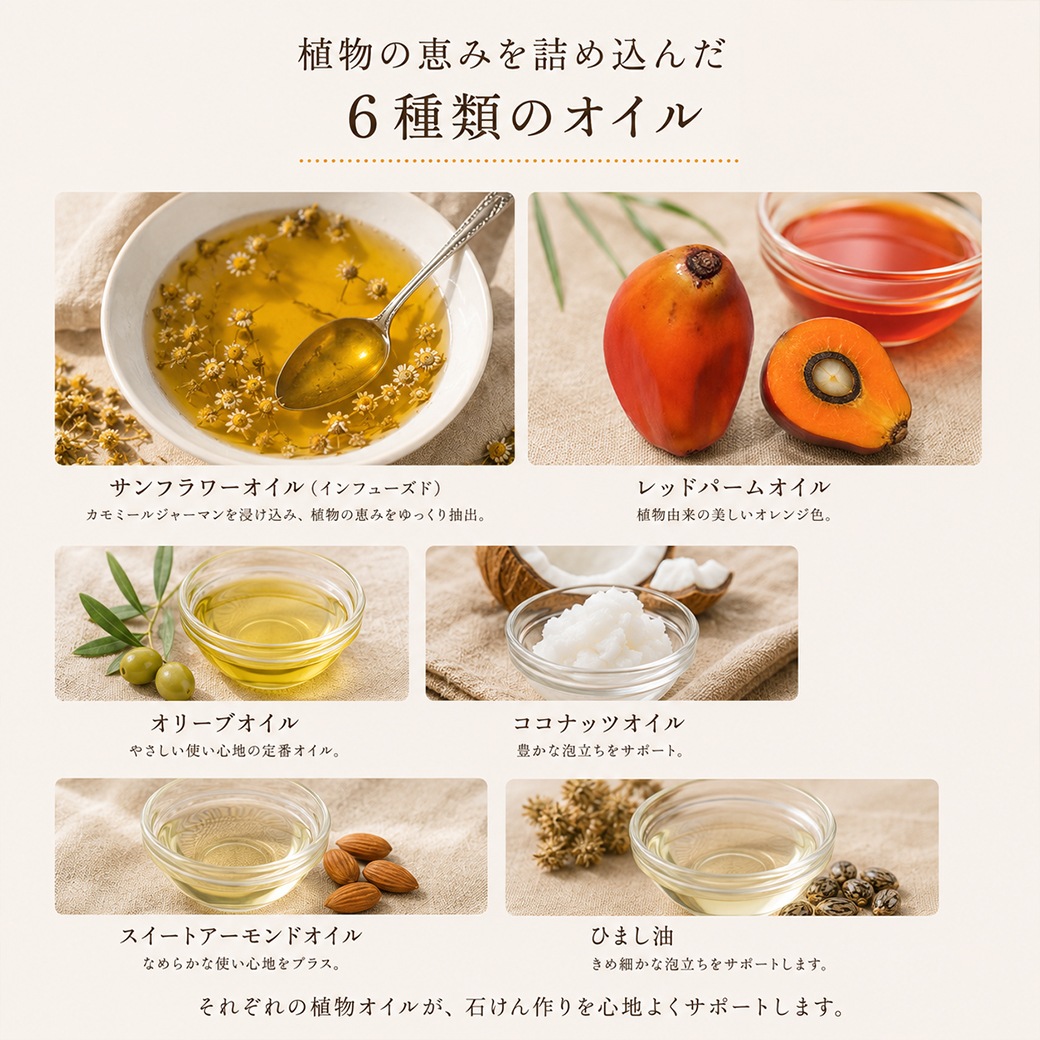 【7月限定】カフェ・ド・サボンオリジナル カモミールのサマーオレンジ石けん オイルミックス カモミールジャーマンパウダー付き【ハーフサイズ】[7/20～7/25予約受付]
