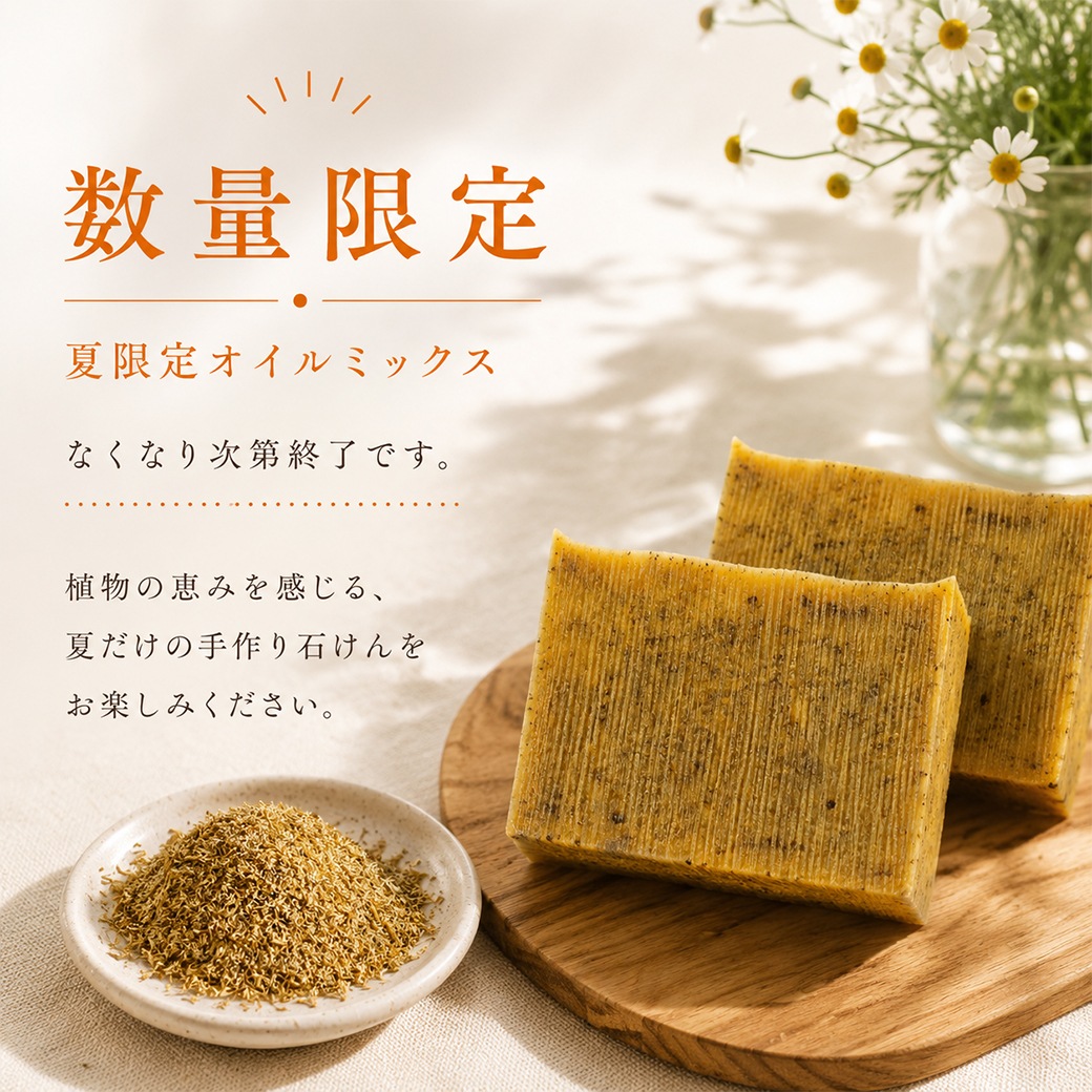 【7月限定】カフェ・ド・サボンオリジナル カモミールのサマーオレンジ石けん オイルミックス カモミールジャーマンパウダー付き【ハーフサイズ】[7/20～7/25予約受付]