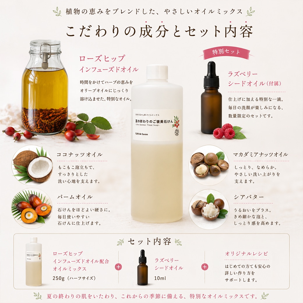 カフェ・ド・サボンオリジナル 夏の終わりのご褒美石けん オイルミックス ラズベリーシードオイル付き【ハーフサイズ】