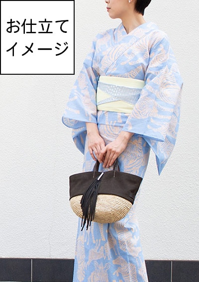 [即納品]【反物：綿100％】夏きもの・ゆかた＜うまくいく紋・青ベージュ＞　※ギフトラッピング不可