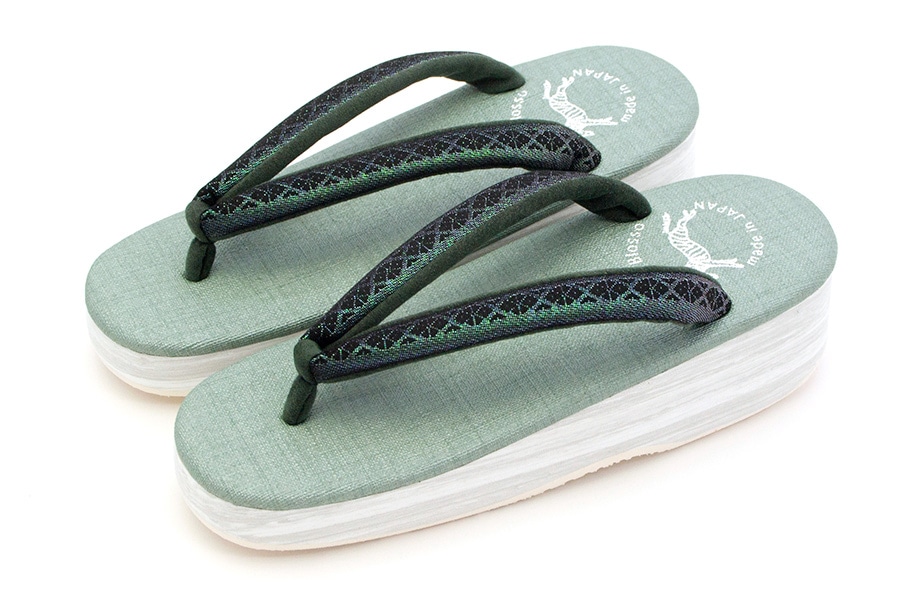 [オーダー品]カフェぞうり　レディース　＜博多織/グリーンラメ地×黒＞　No.20822