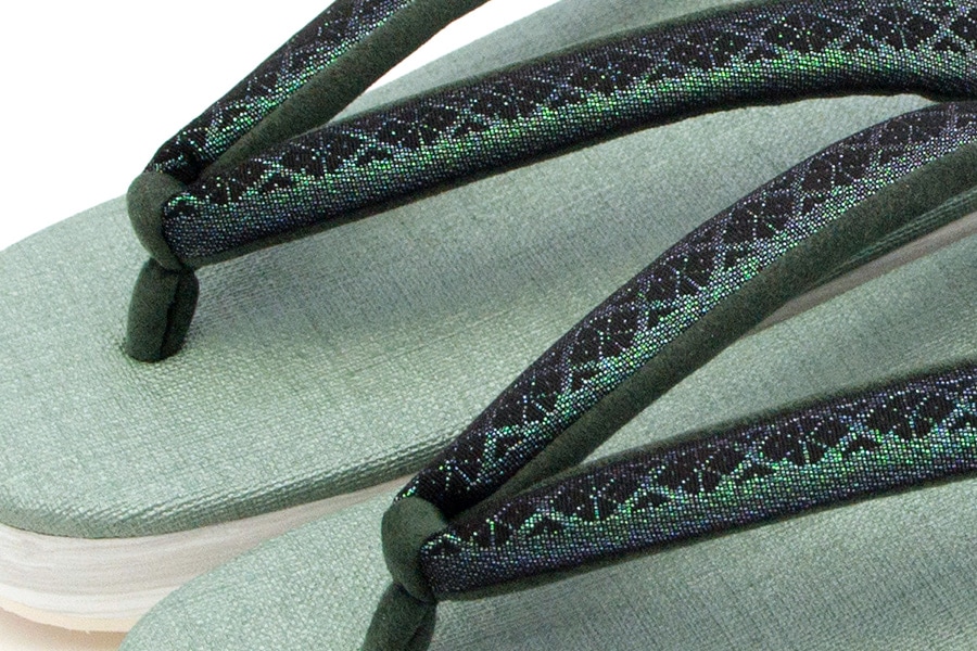 [オーダー品]カフェぞうり　レディース　＜博多織/グリーンラメ地×黒＞　No.20822