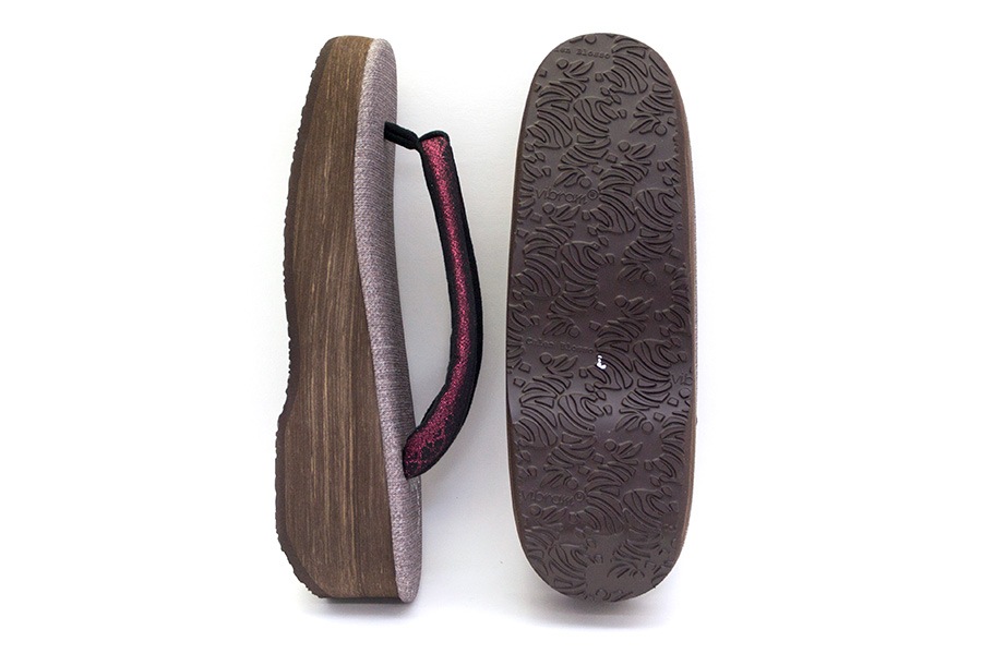 [Lサイズ即納品]カフェぞうり　レディース　＜博多織/ピンクラメ地×黒＞　No.20722