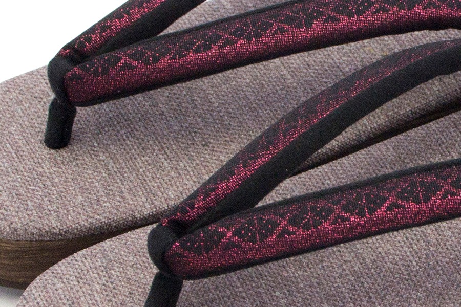 [Lサイズ即納品]カフェぞうり　レディース　＜博多織/ピンクラメ地×黒＞　No.20722