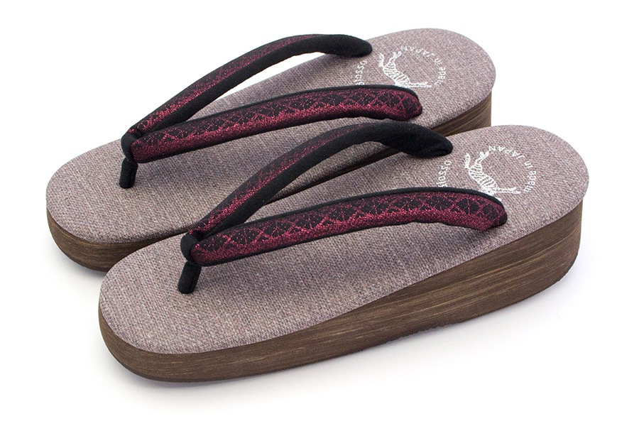 [Lサイズ即納品]カフェぞうり　レディース　＜博多織/ピンクラメ地×黒＞　No.20722