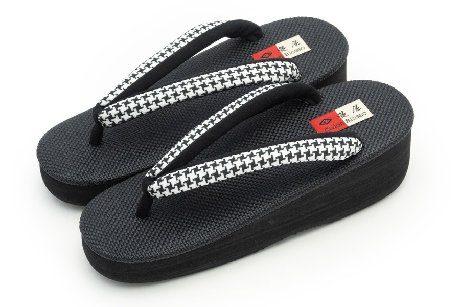 [Lサイズ即納品]カフェぞうりレディース　No.EXL-K53 ＜千鳥格子鼻緒・ブラック＞