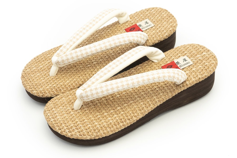 [Sサイズ即納品]カフェぞうりサマー　レディース　No.EXL-K54（厚底モデル）＜千鳥格子鼻緒・アイボリー＞