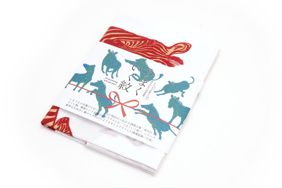 [即納品]手ぬぐい　手捺染＜うまくいく紋/左馬・赤金＞