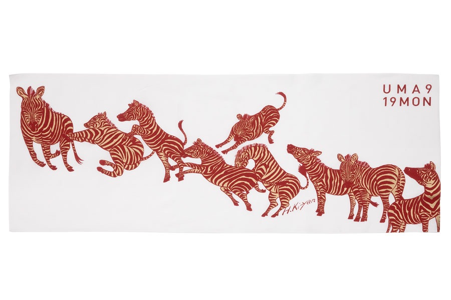 [即納品]手ぬぐい　手捺染＜うまくいく紋/左馬・赤金＞