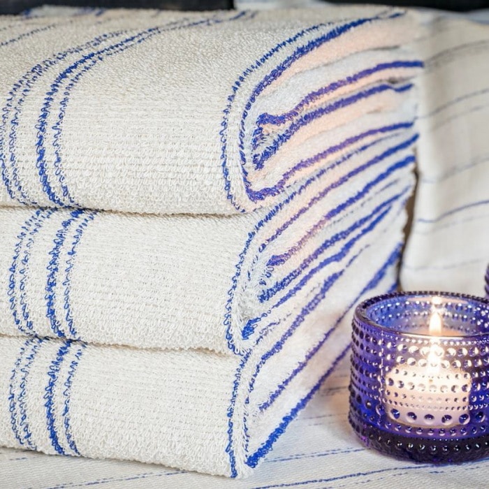 キュア 北欧 リネン パイル織 ストライプ　バスタオル大75ｘ150　/スオミ・ブルー