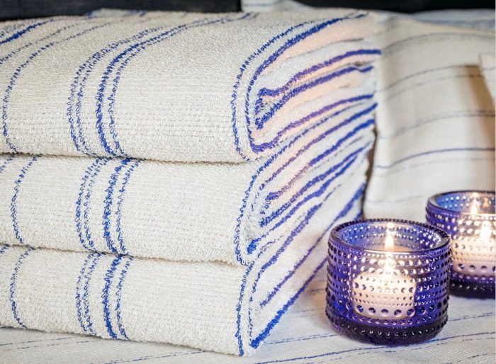 キュア 北欧 リネン パイル織 ストライプ　タオル50ｘ75　スオミ・ブルー