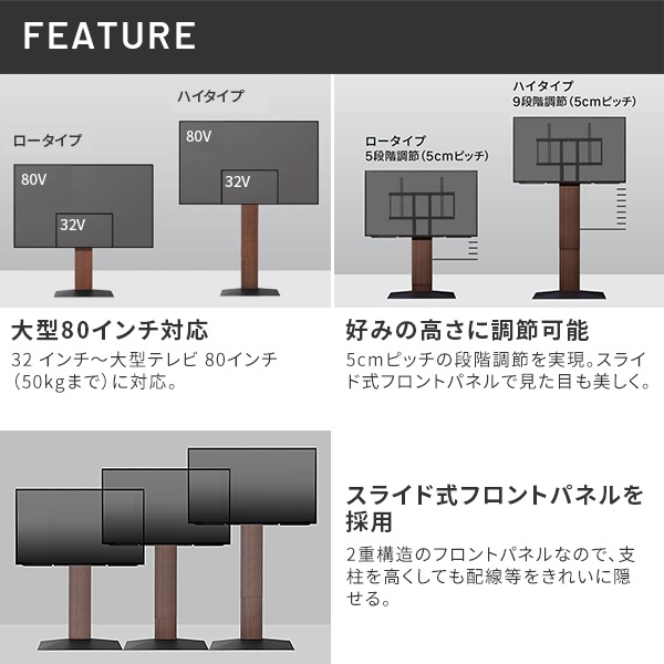 ソニー製テレビ対応 壁寄せテレビスタンドWALL V3 ハイタイプ 単品or棚板付 32型～80型大型テレビ対応