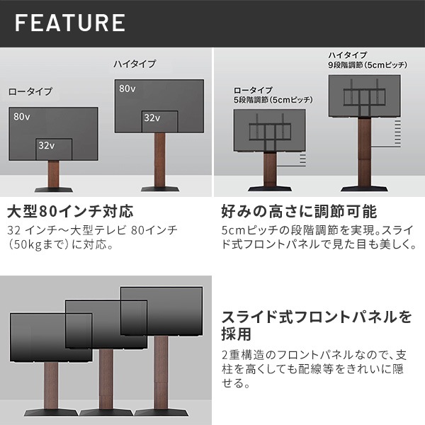 ソニー製テレビ対応 壁寄せテレビスタンドWALL V3 SW[SWING] ハイタイプ 単品or棚板付 32型～80型大型テレビ対応