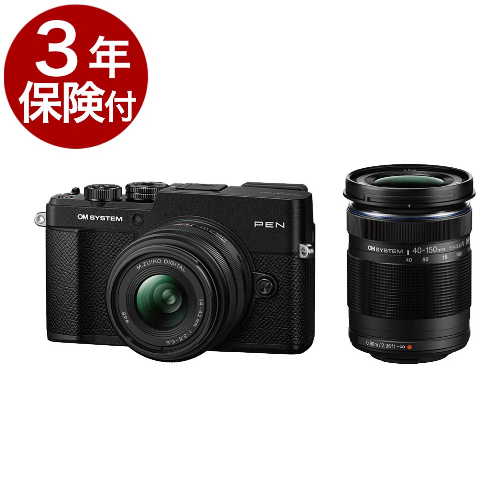 [3ǯ�ݸ���]OM�����ƥ� PEN ���֥륺���७�å� ����С����֥�å���OM Digital PEN + M.ZUIKO DIGITAL ED 14-42mm F3.5-5.6III ɸ�ॺ����+M.ZUIKO DIGITAL ED 40-150mm F4.0-5.6R˾�󥺡����󥺥��åȡ�ȯ���������ȯ����
