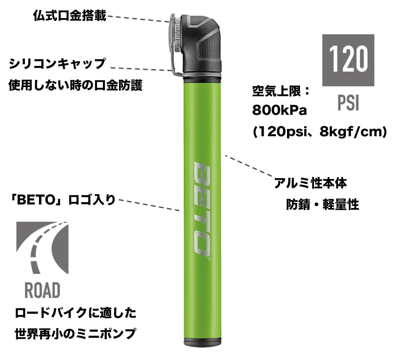 ベト（BETO）世界最小 ミニポンプ 自転車空気いれ 仏式 携帯用