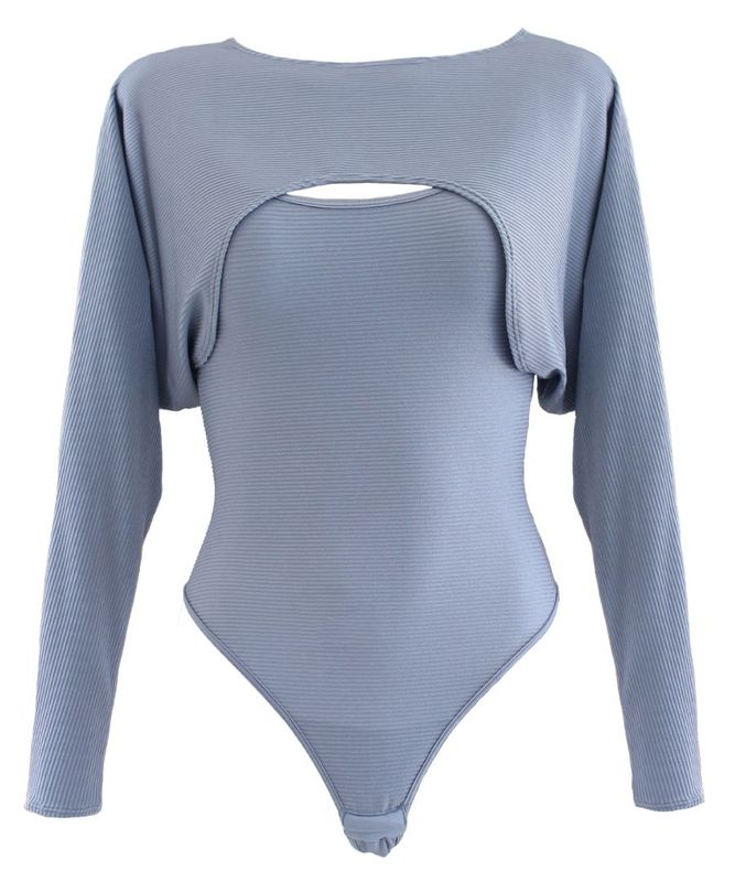 You スリーブセットリブボディスーツ,テディ / Grey