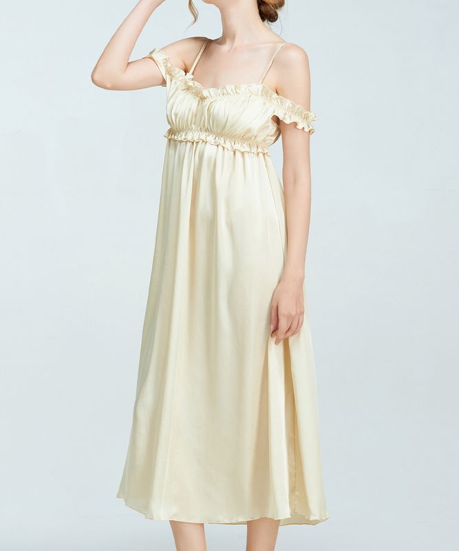 Cafe ギャザーオフショルロングドレス / Light Yellow