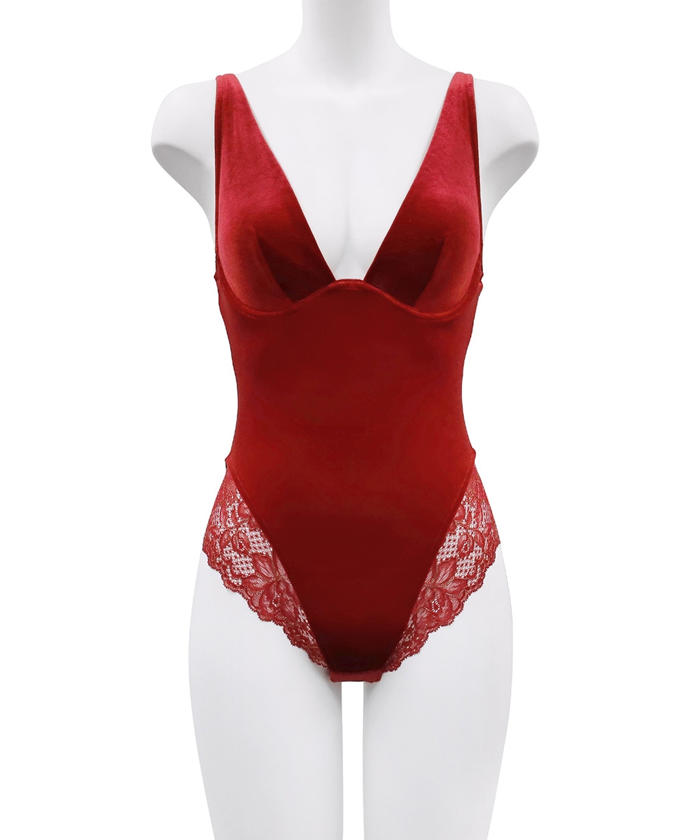 Velvet Sin ベロア×レースボディースーツ,テディ / Red