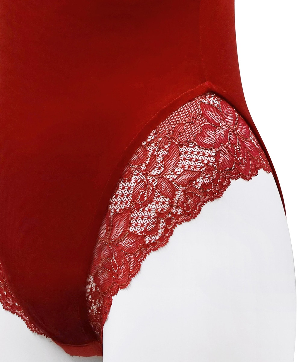 Velvet Sin ベロア×レースボディースーツ,テディ / Red