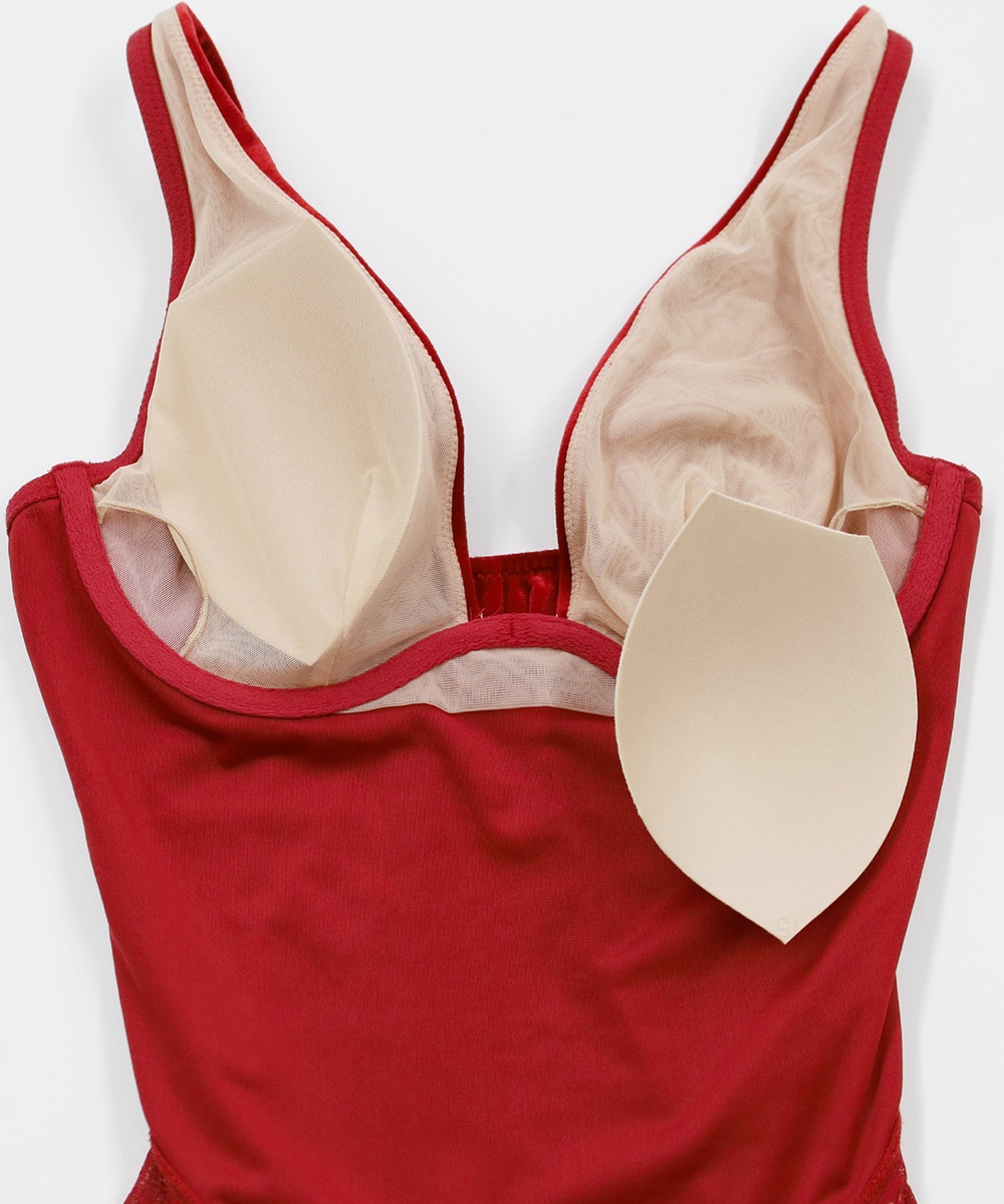 Velvet Sin ベロア×レースボディースーツ,テディ / Red