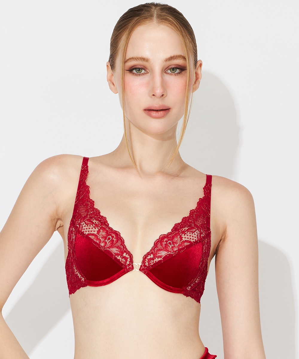 Velvet Sin ベロア×レースモールドカップブラジャー / Red