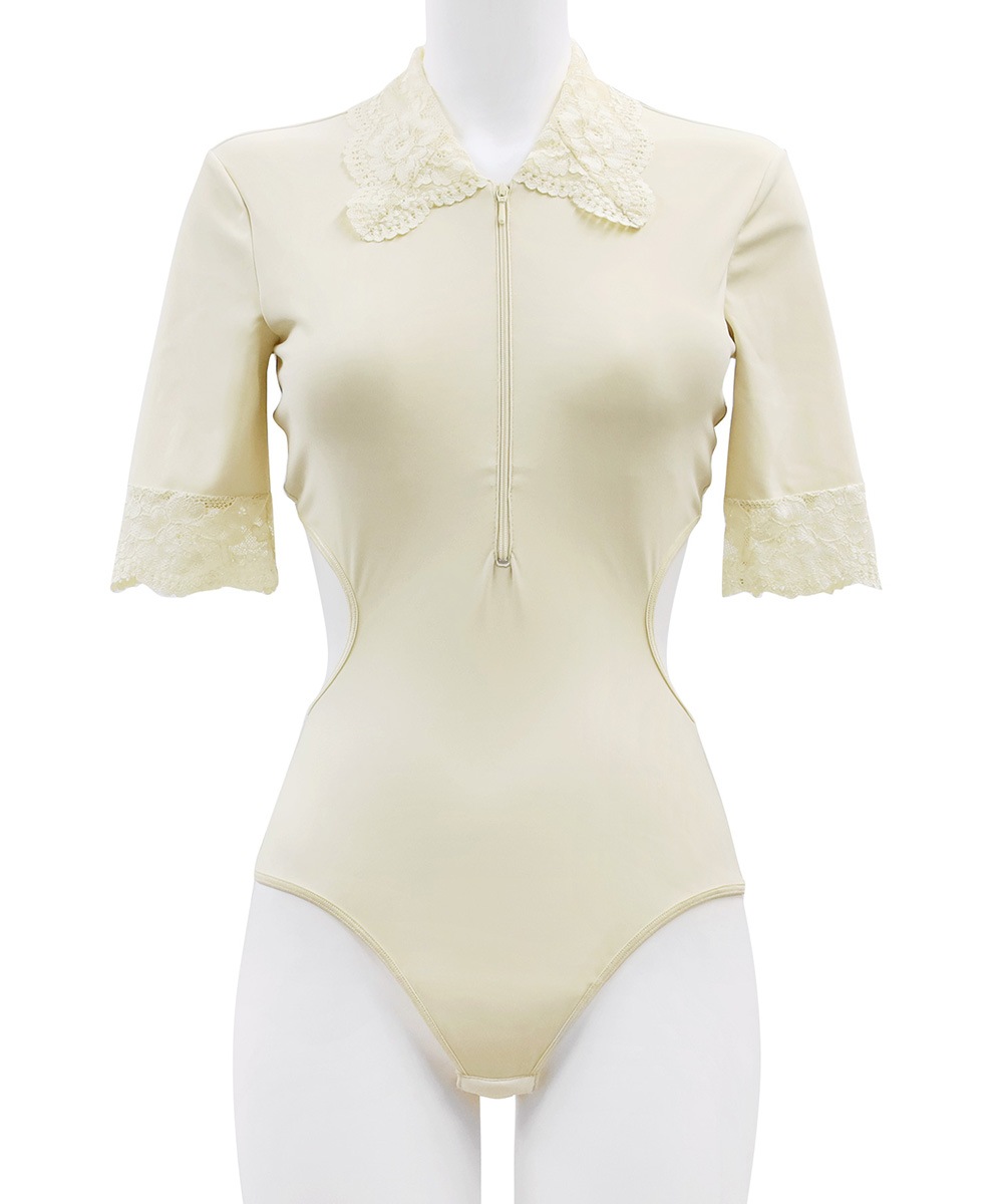 Cafe レースコンビバックオープンボディスーツ/テディ