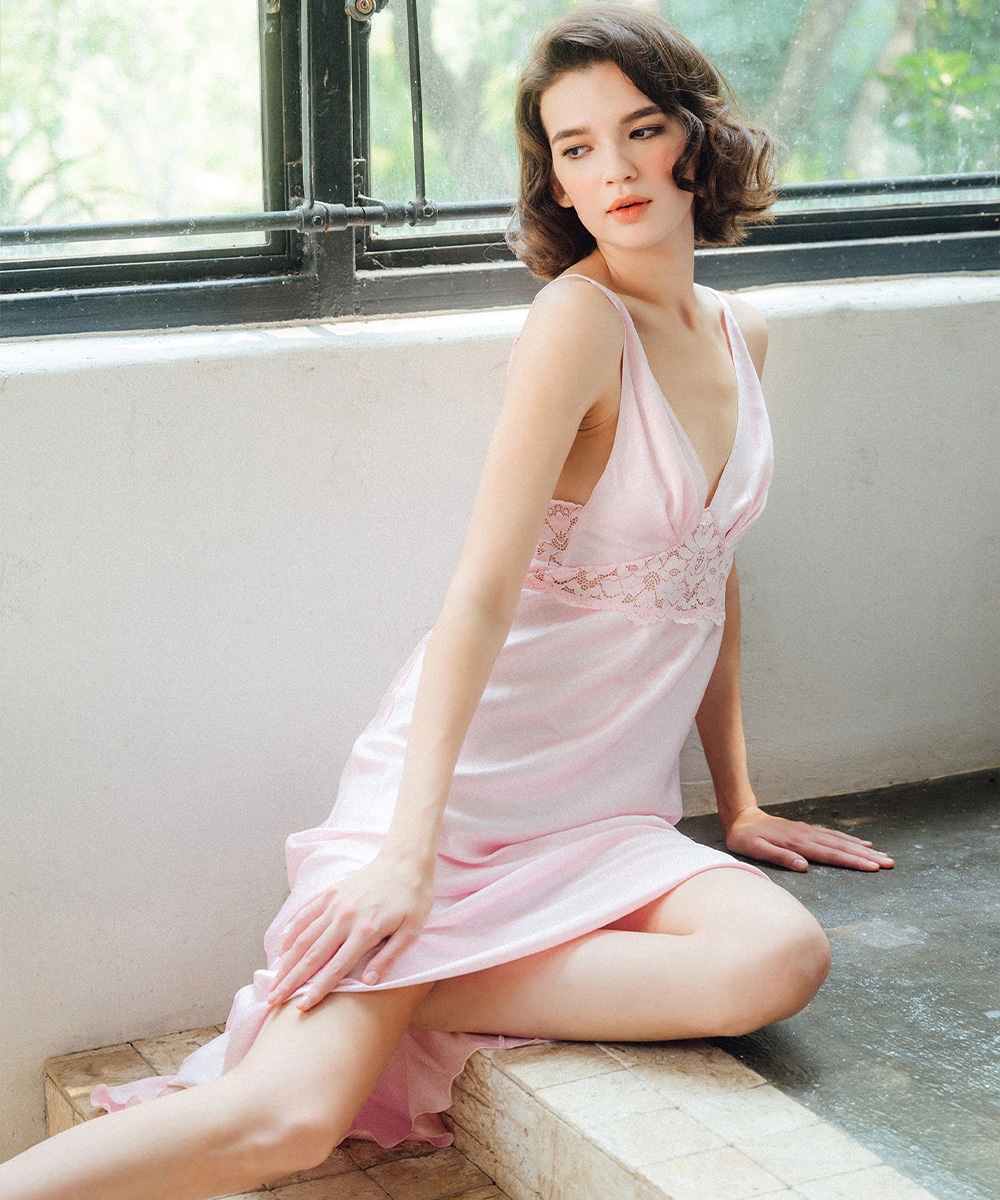 Rosy レースコンビロングドレス / Pink