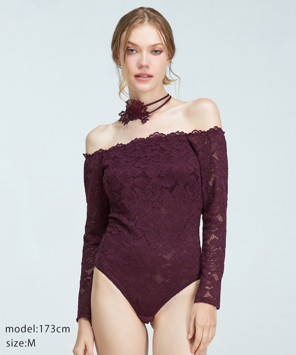 Harmony in Bloom チョーカー付きオフショルレースボディスーツ/テディ