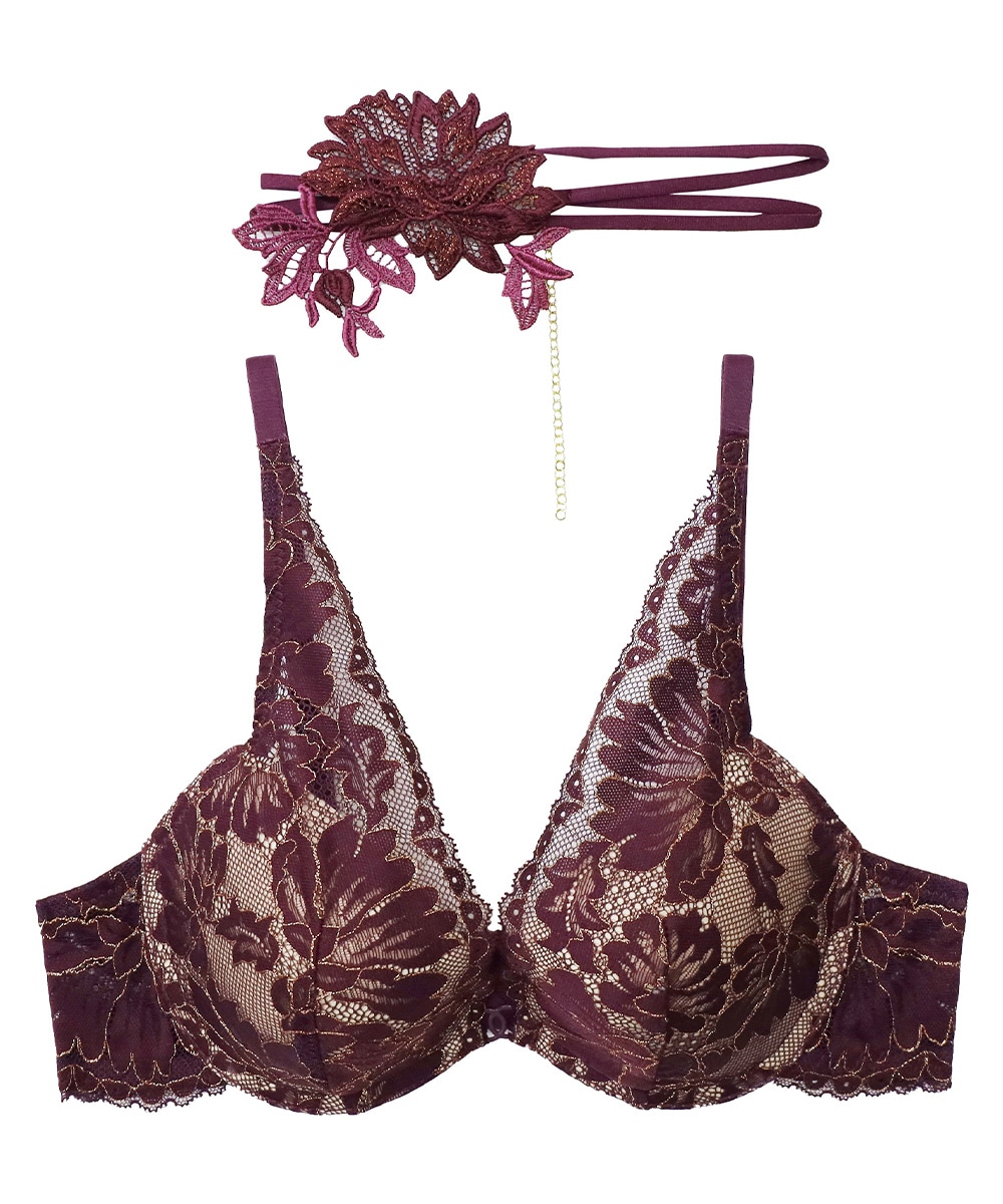 Harmony in Bloom チョーカー付きデコルテレースモールドカップブラジャー / Dark Purple