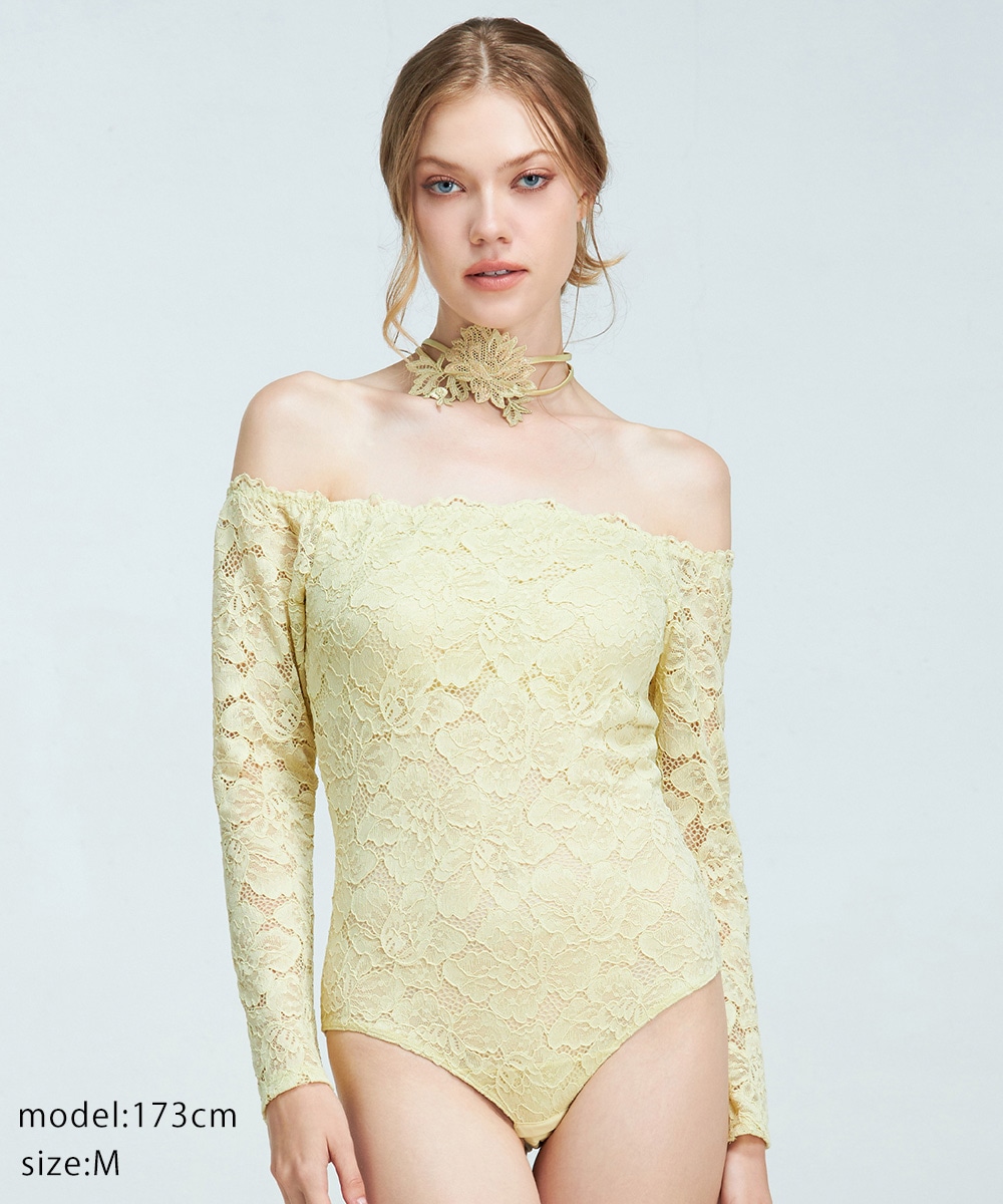 Harmony in Bloom チョーカー付きオフショルレースボディスーツ,テディ / Yellow